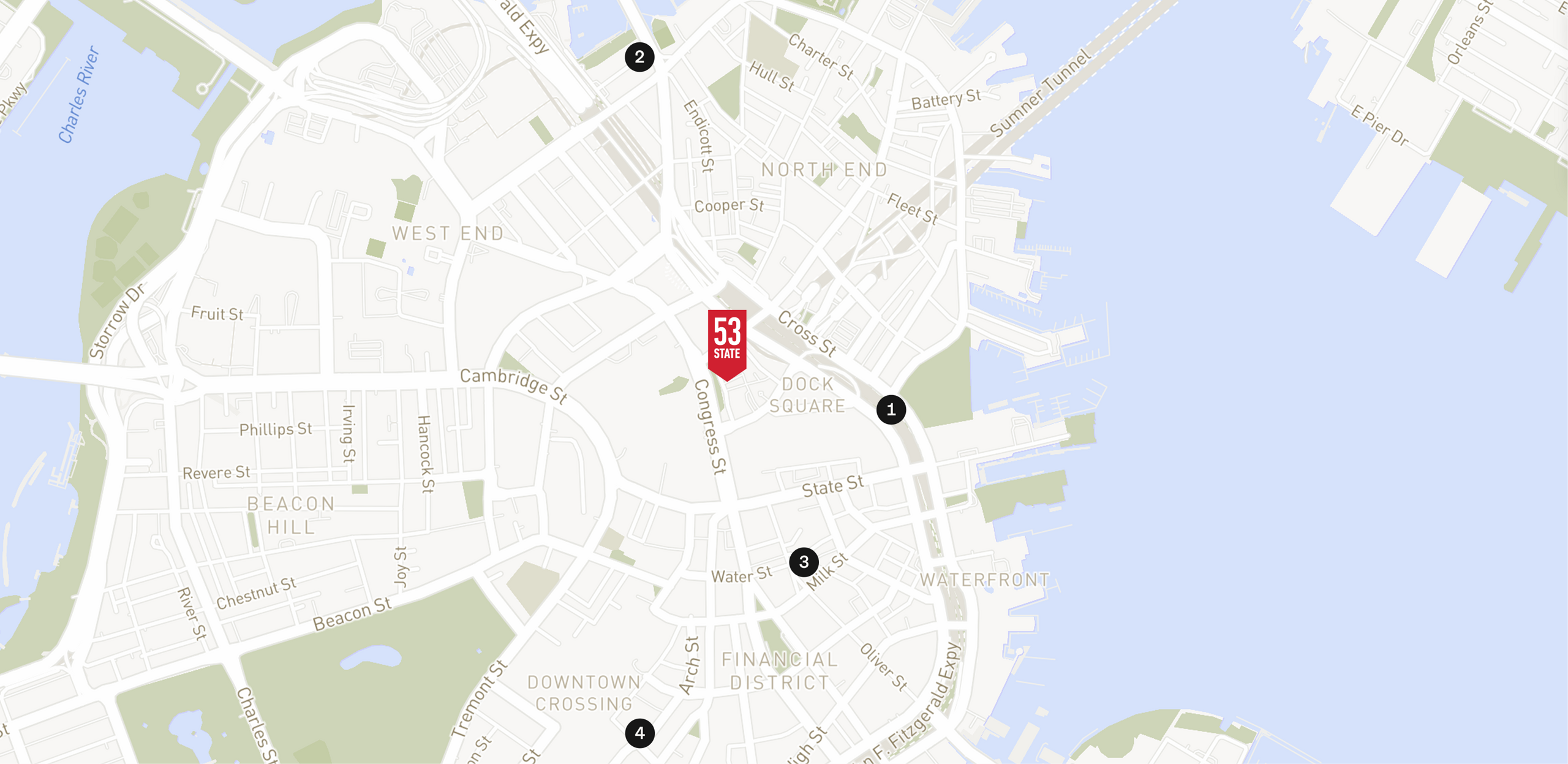 Map showing the location of 53 State Street with icons for PARKING tab