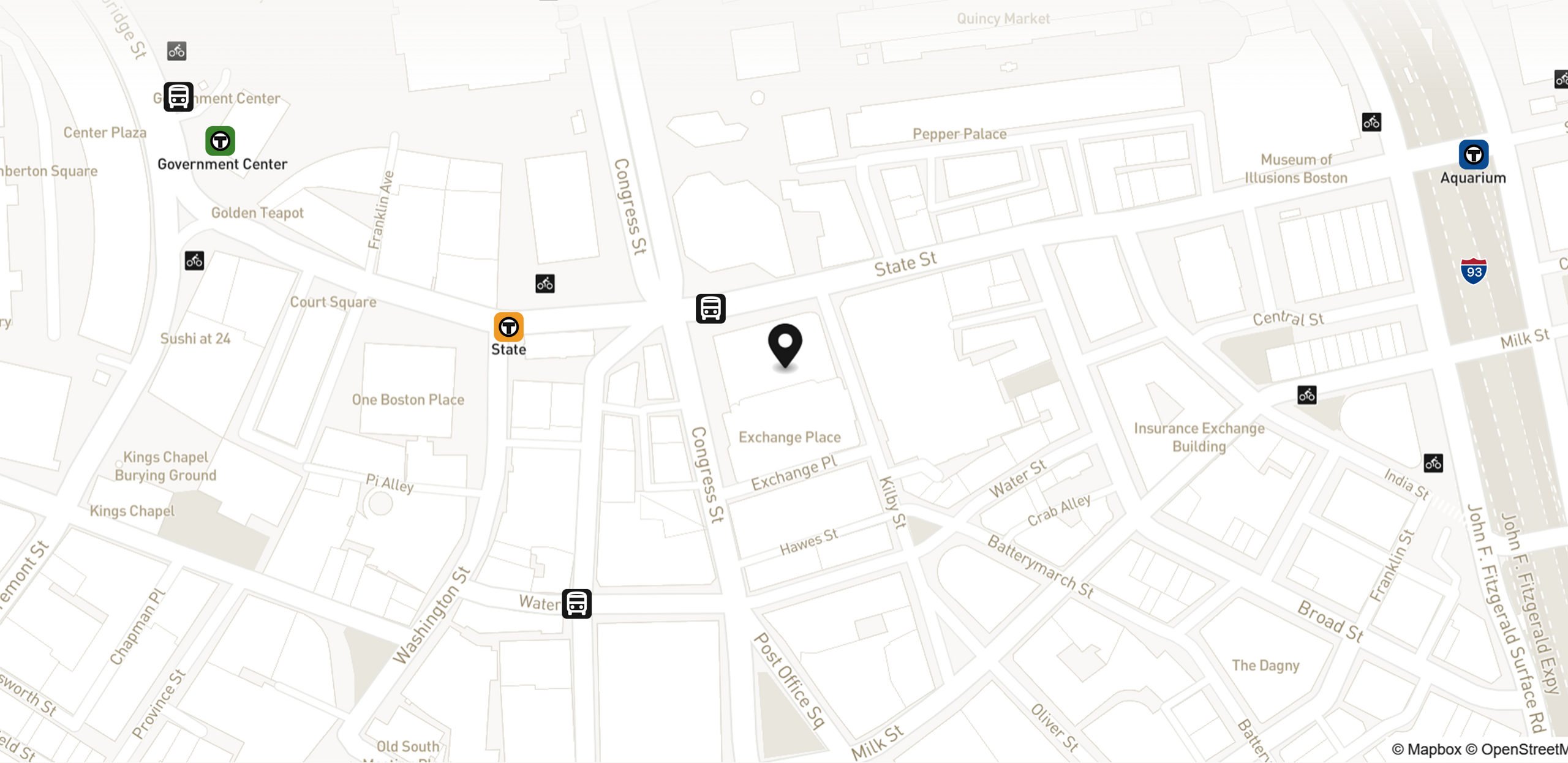 Map showing the location of 53 State Street with icons for TRANSIT tab