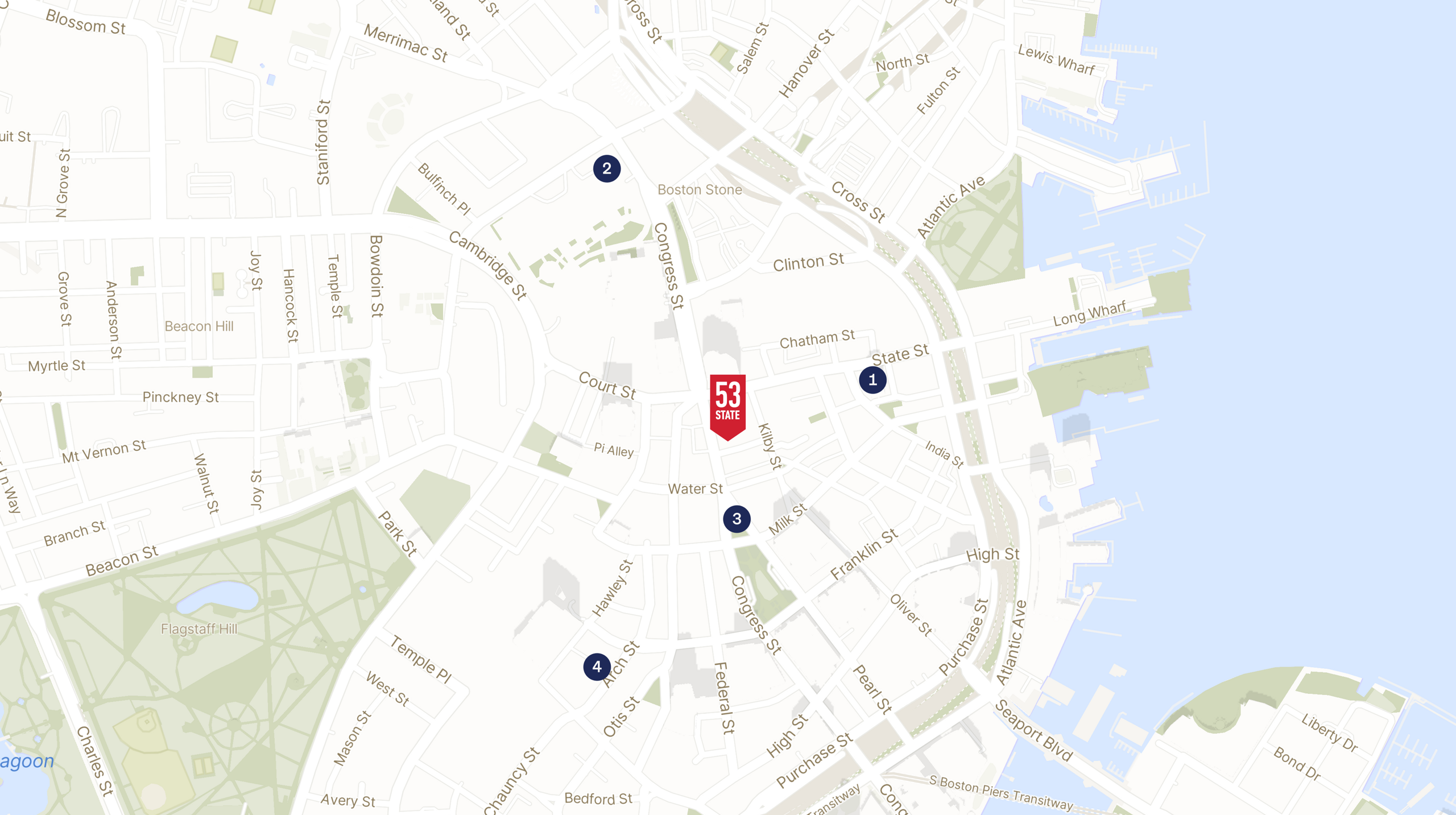 Map showing the location of 53 State Street with icons for LOCATION tab
