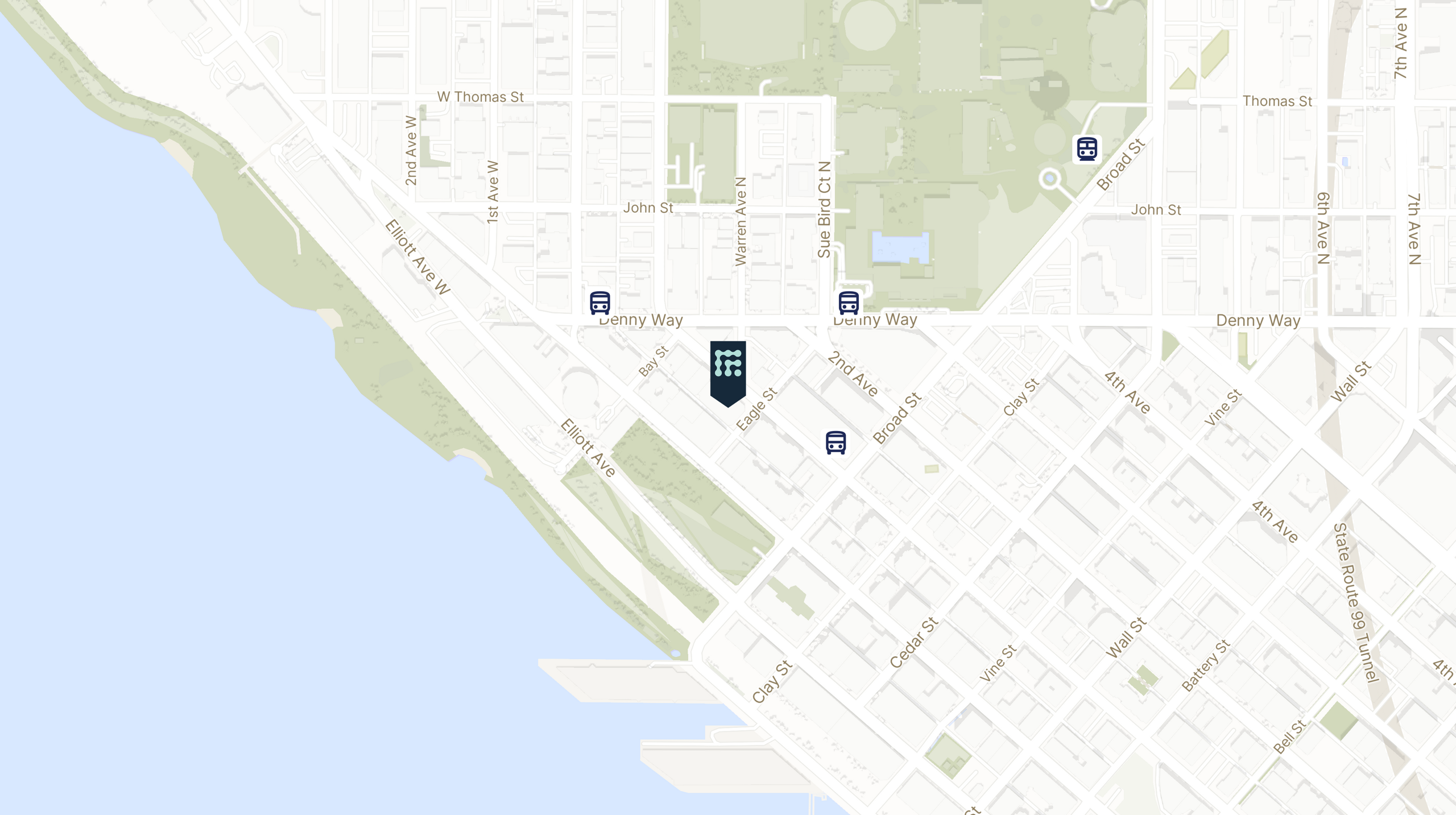 Map showing the location of Elliott Bay Labs with icons for TRANSIT tab
