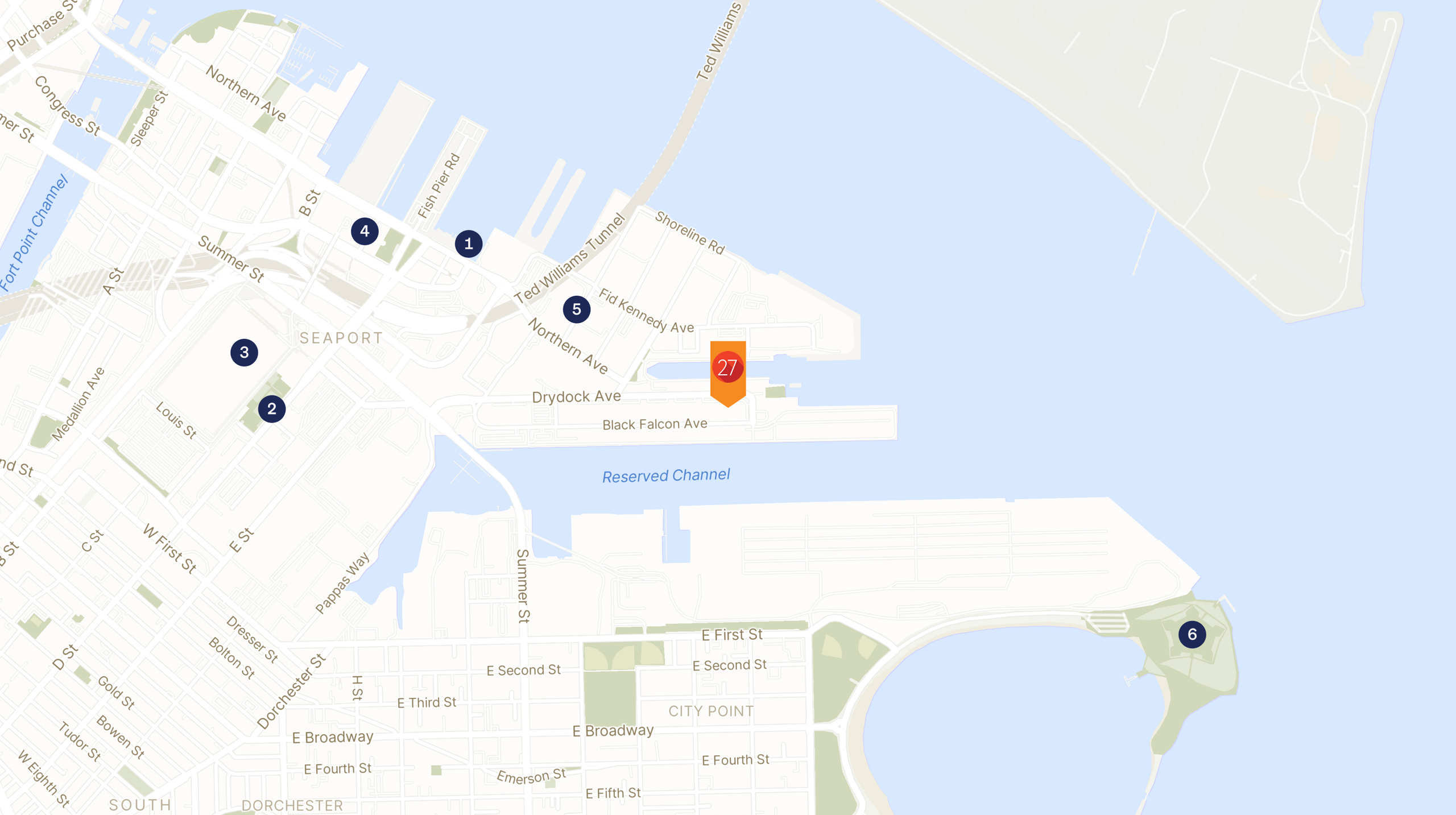 Map showing the location of 27 Drydock Avenue with icons for LOCATION tab