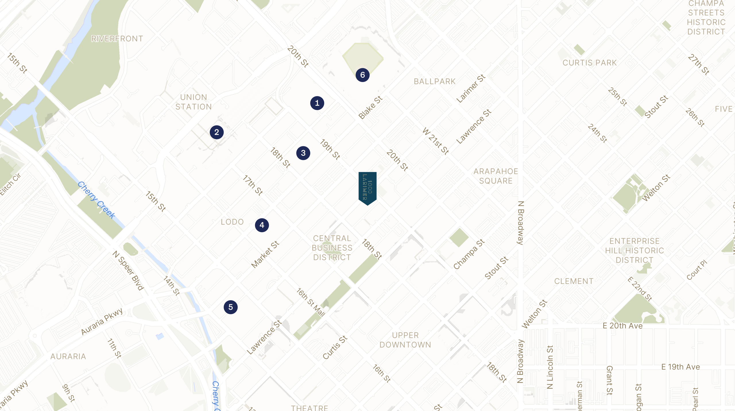 Map showing the location of 1800 Larimer with icons for LOCATION tab