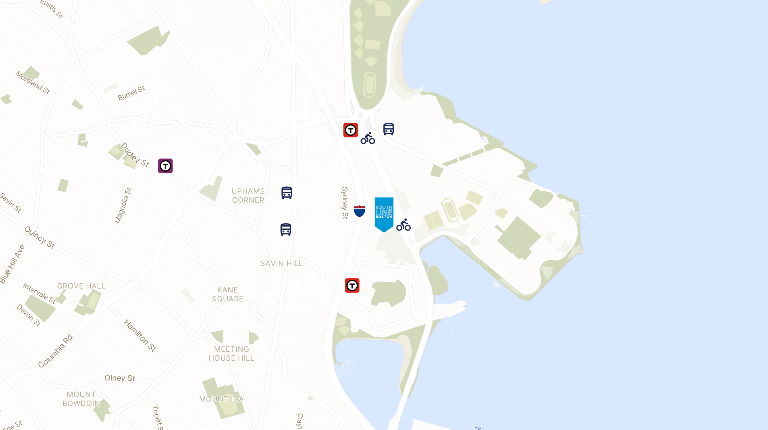 Map showing the location of Southline Boston with icons for TRANSIT tab
