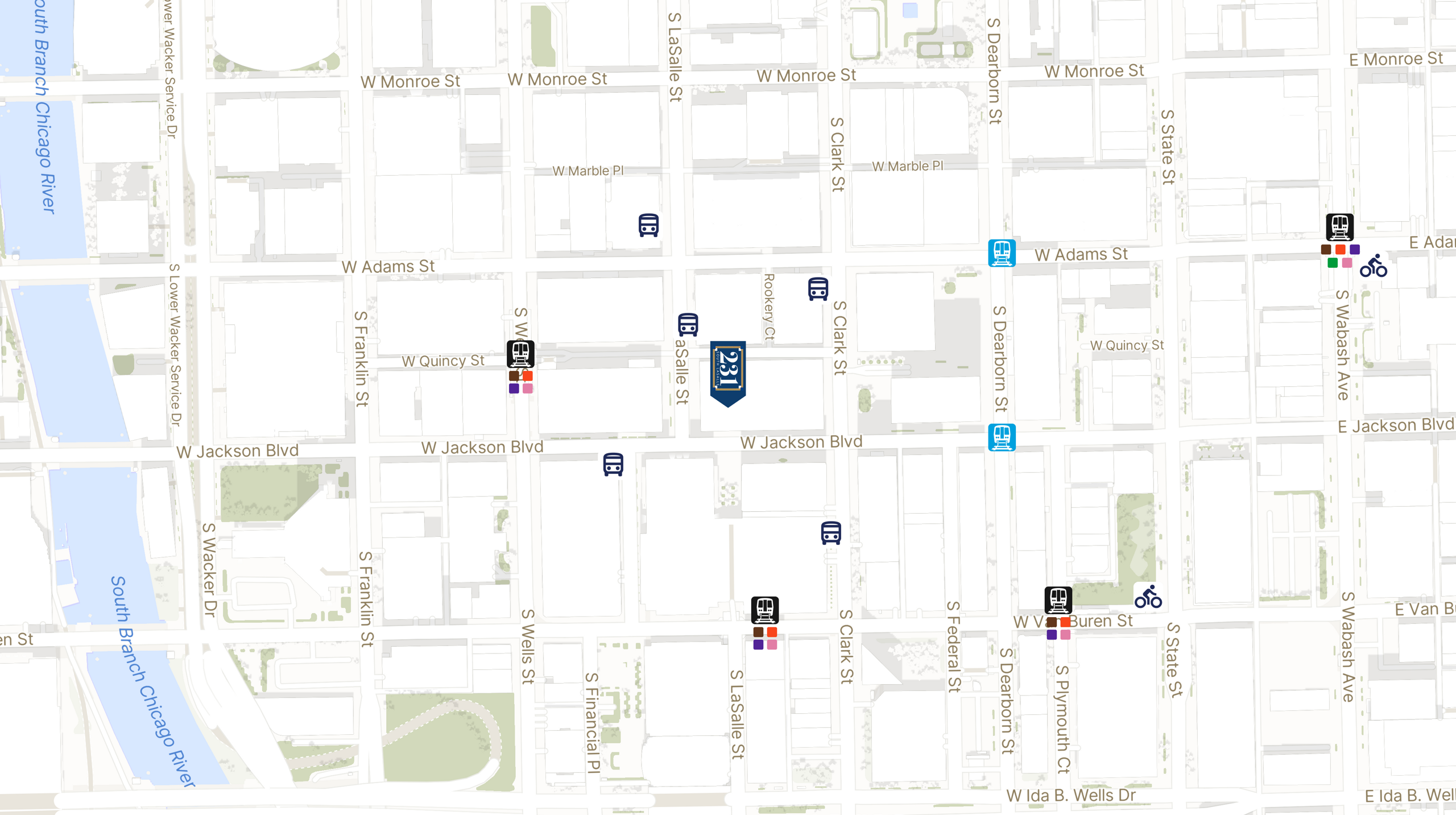 Map showing the location of Central Standard Building with icons for TRANSIT tab