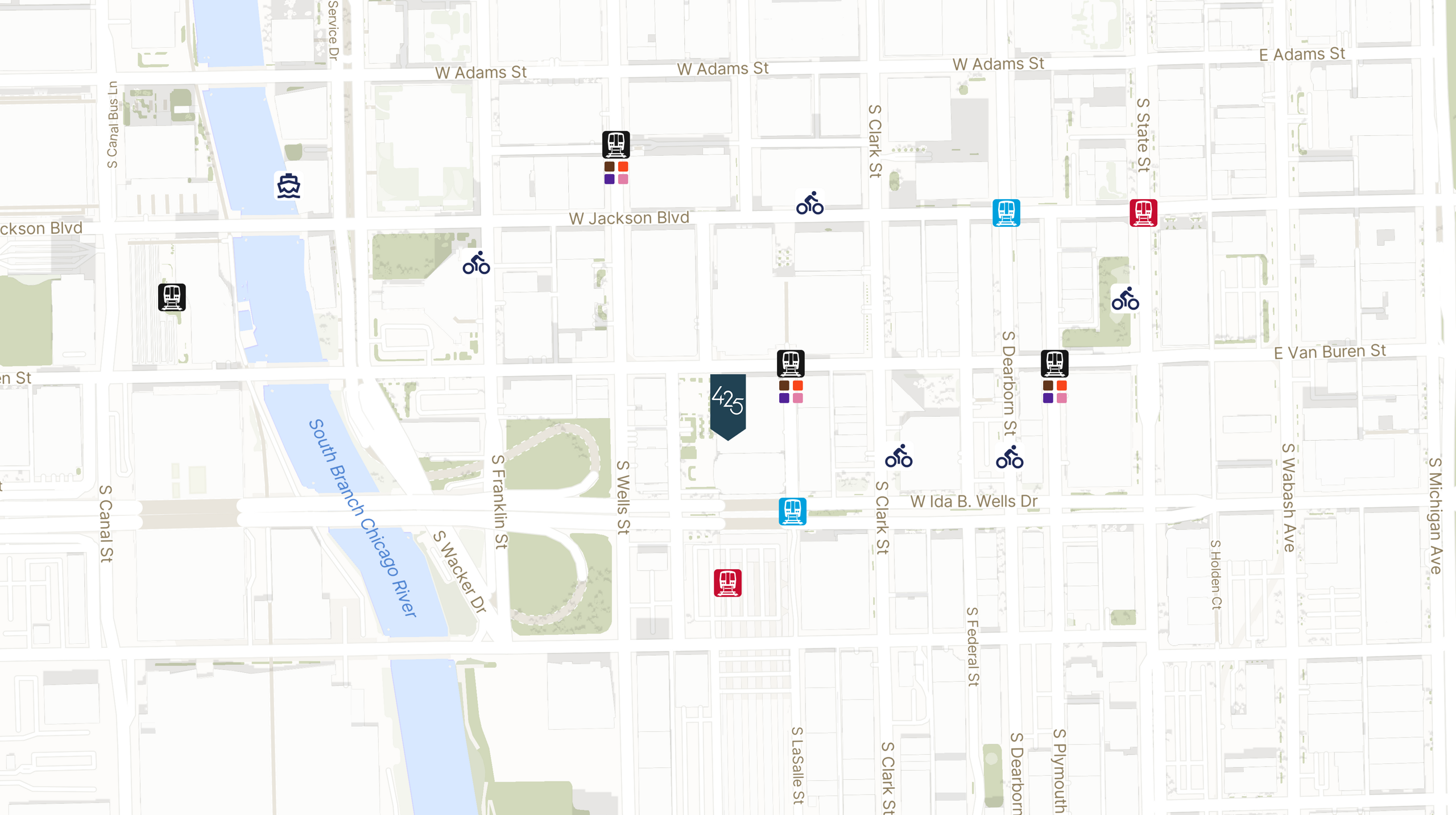 Map showing the location of 425 South Financial Place with icons for TRANSIT tab