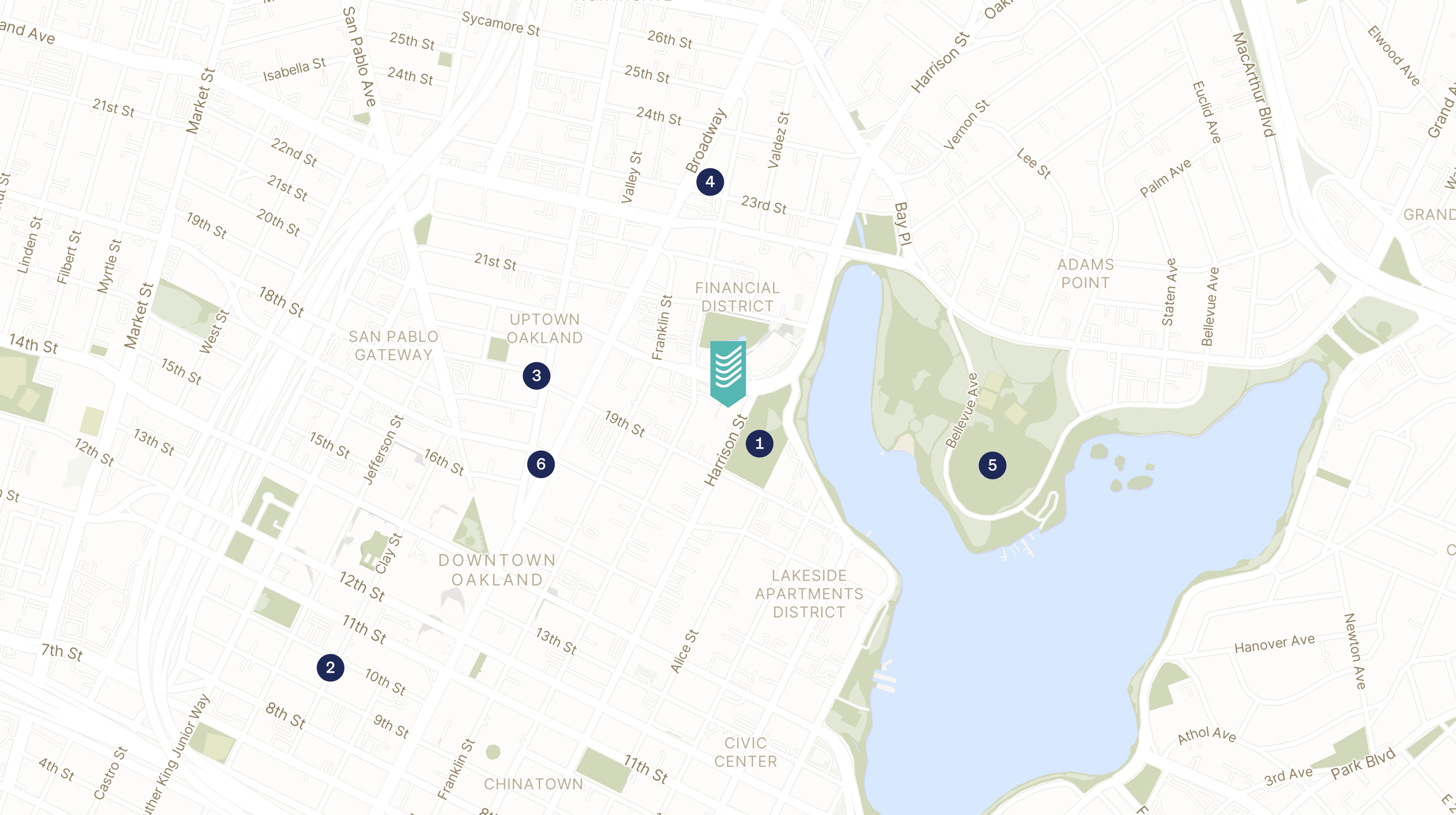 Map showing the location of Lake Merritt Plaza with icons for LOCATION tab