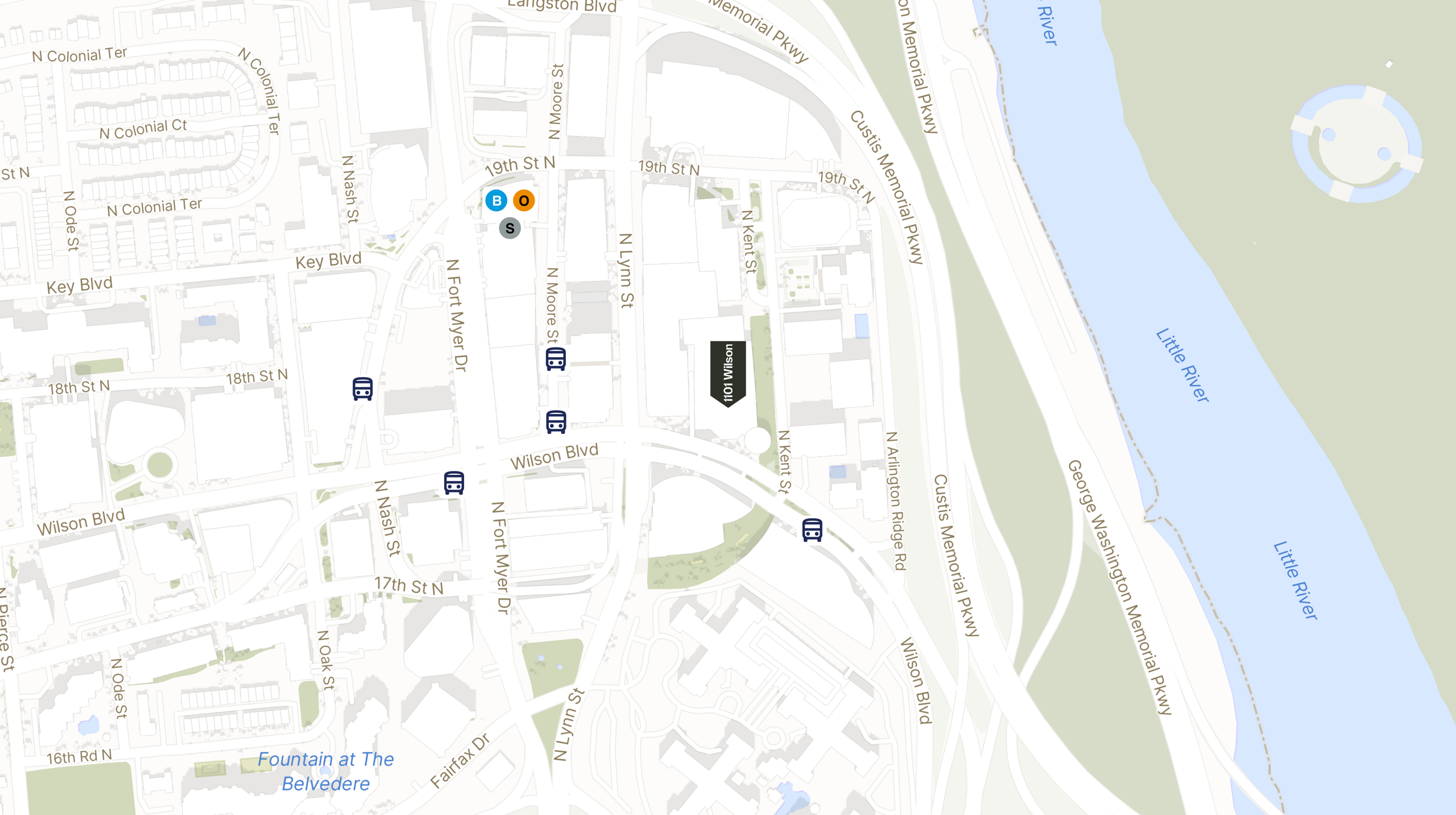 Map showing the location of 1101 Wilson Blvd with icons for TRANSIT tab