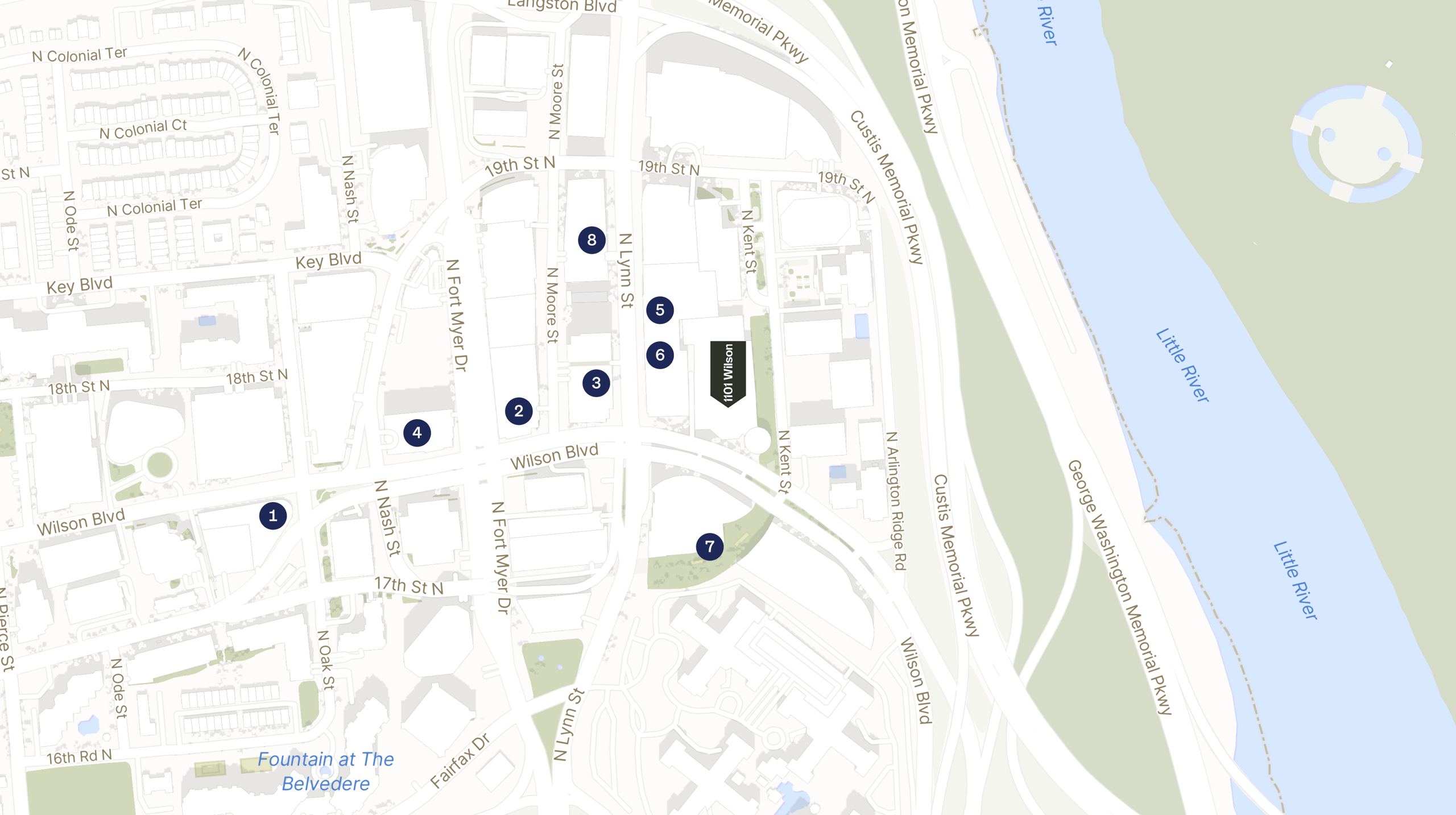 Map showing the location of 1101 Wilson Blvd with icons for LOCATION tab
