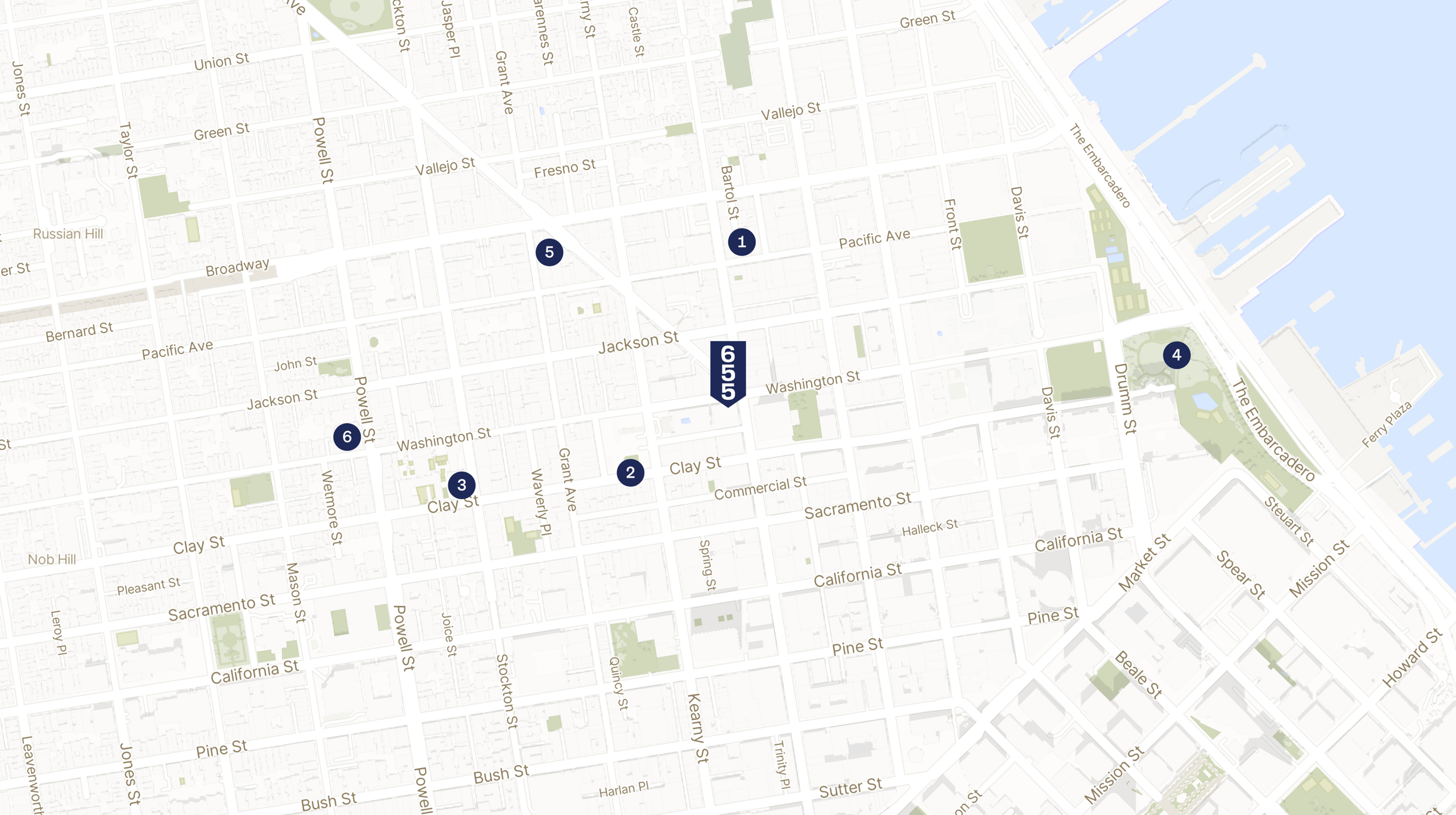 Map showing the location of 655 Montgomery with icons for LOCATION tab
