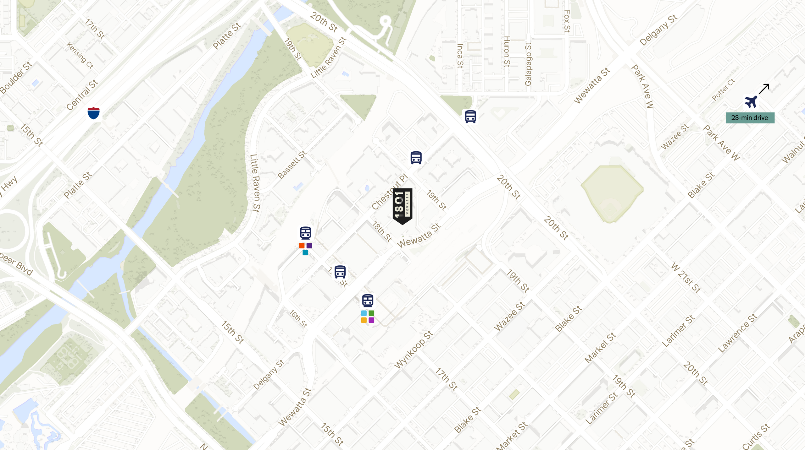 Map showing the location of 1801 Wewatta Street with icons for TRANSIT tab