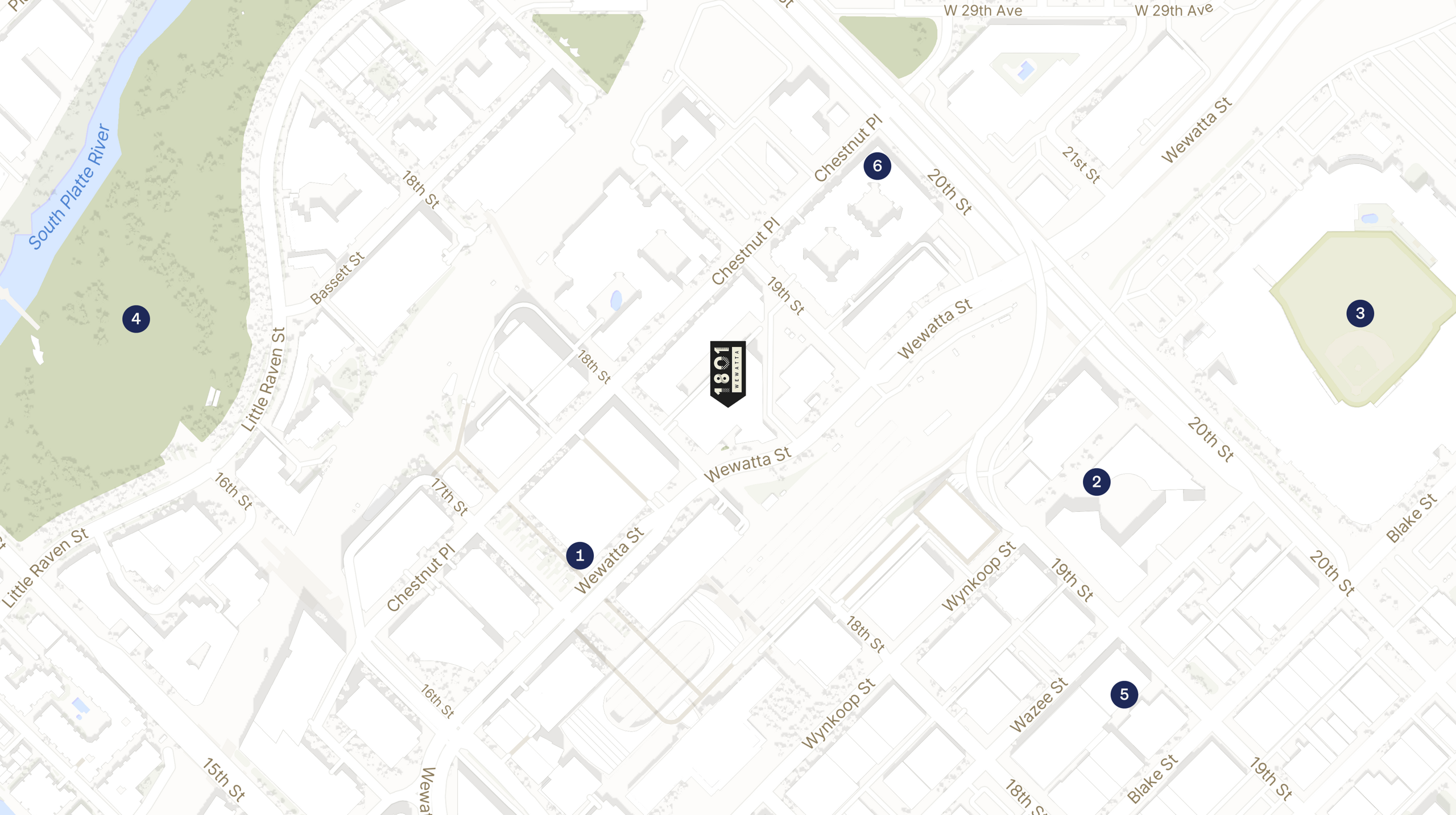 Map showing the location of 1801 Wewatta Street with icons for LOCATION tab
