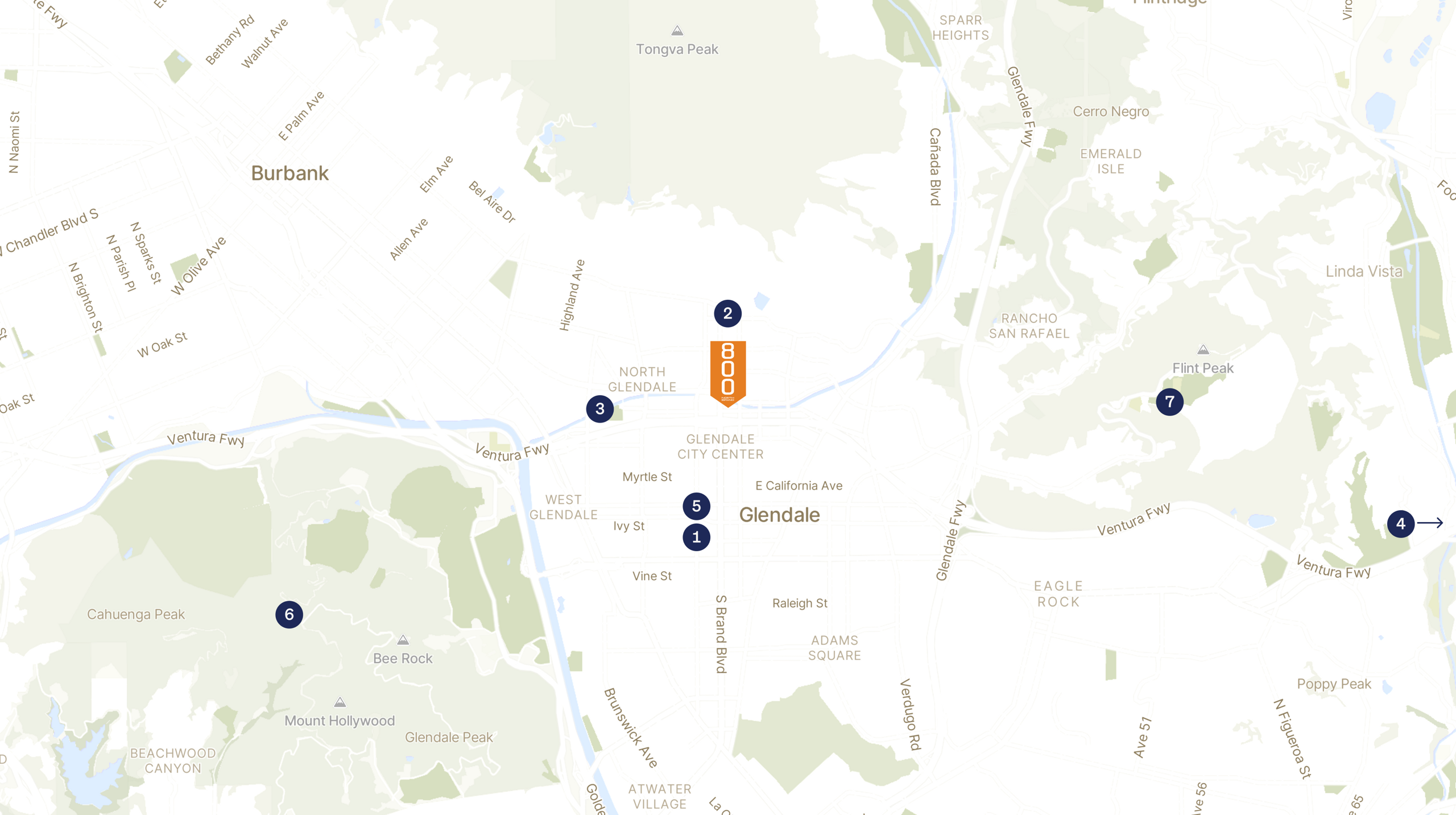 Map showing the location of 800 North Brand with icons for LOCATION tab