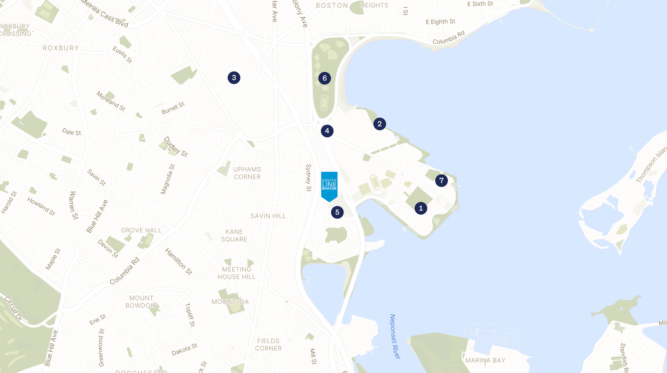 Map showing the location of Southline Boston with icons for LOCATION tab