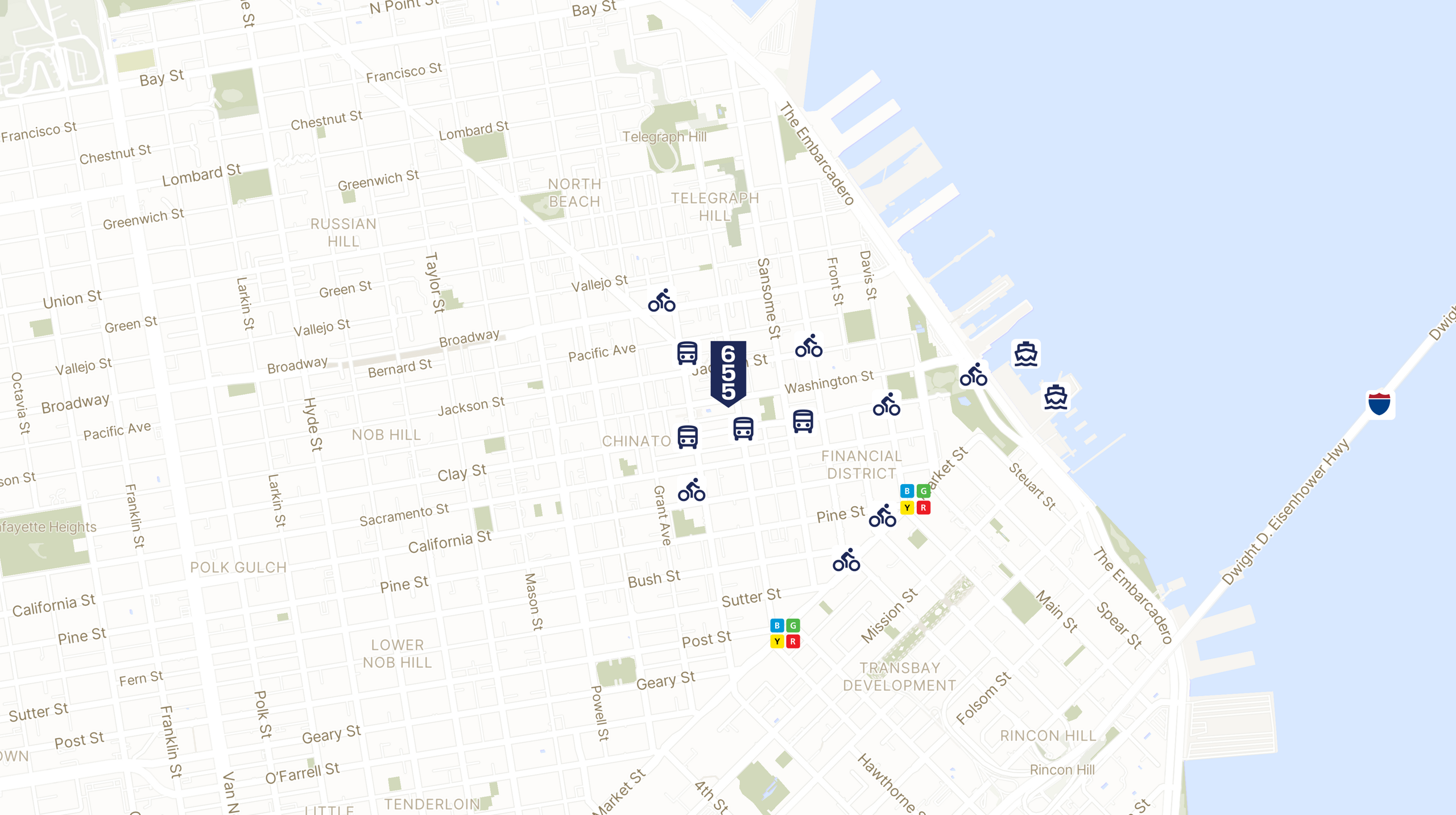 Map showing the location of 655 Montgomery with icons for TRANSIT tab