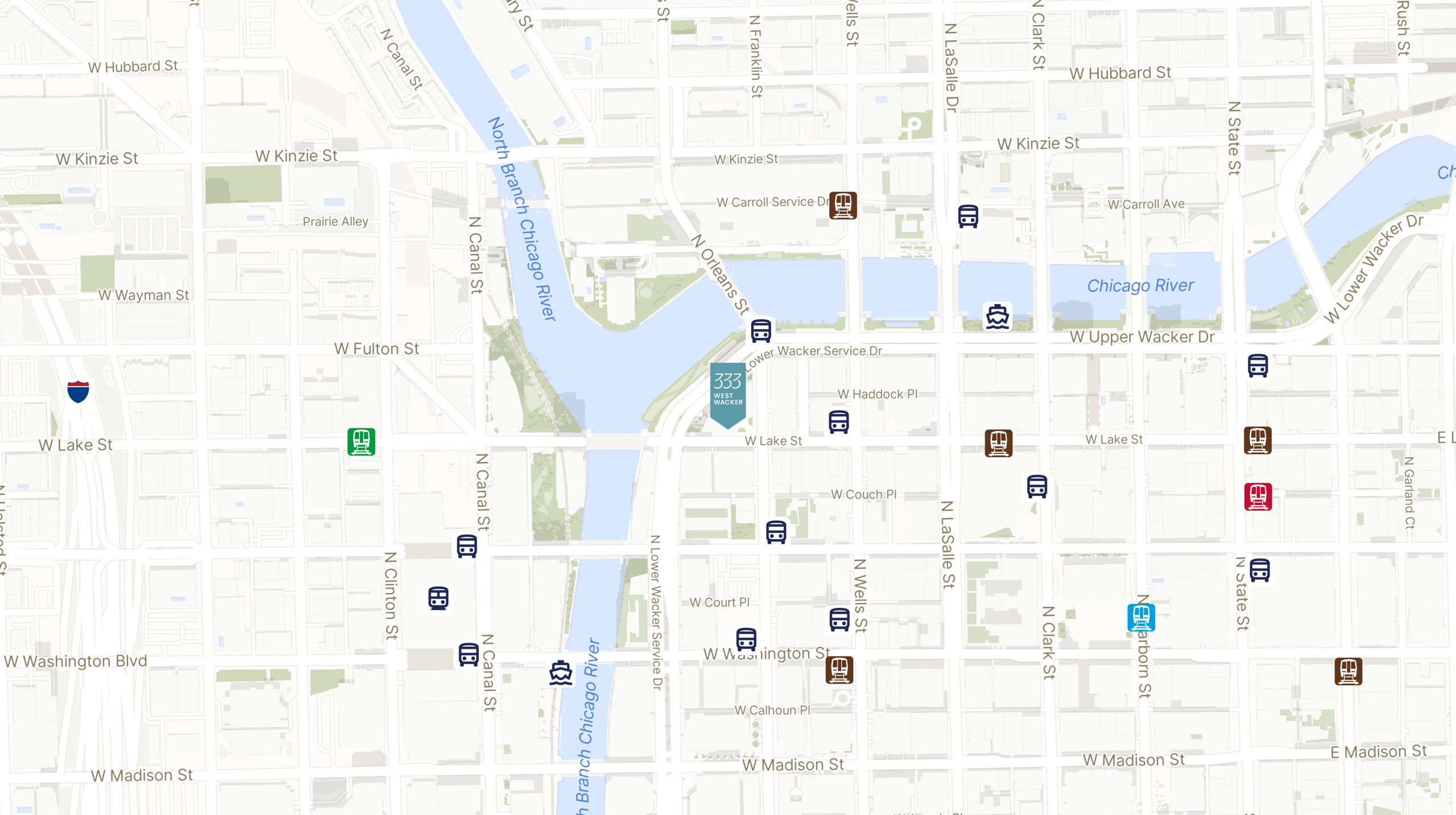 Map showing the location of 333 West Wacker with icons for TRANSIT tab