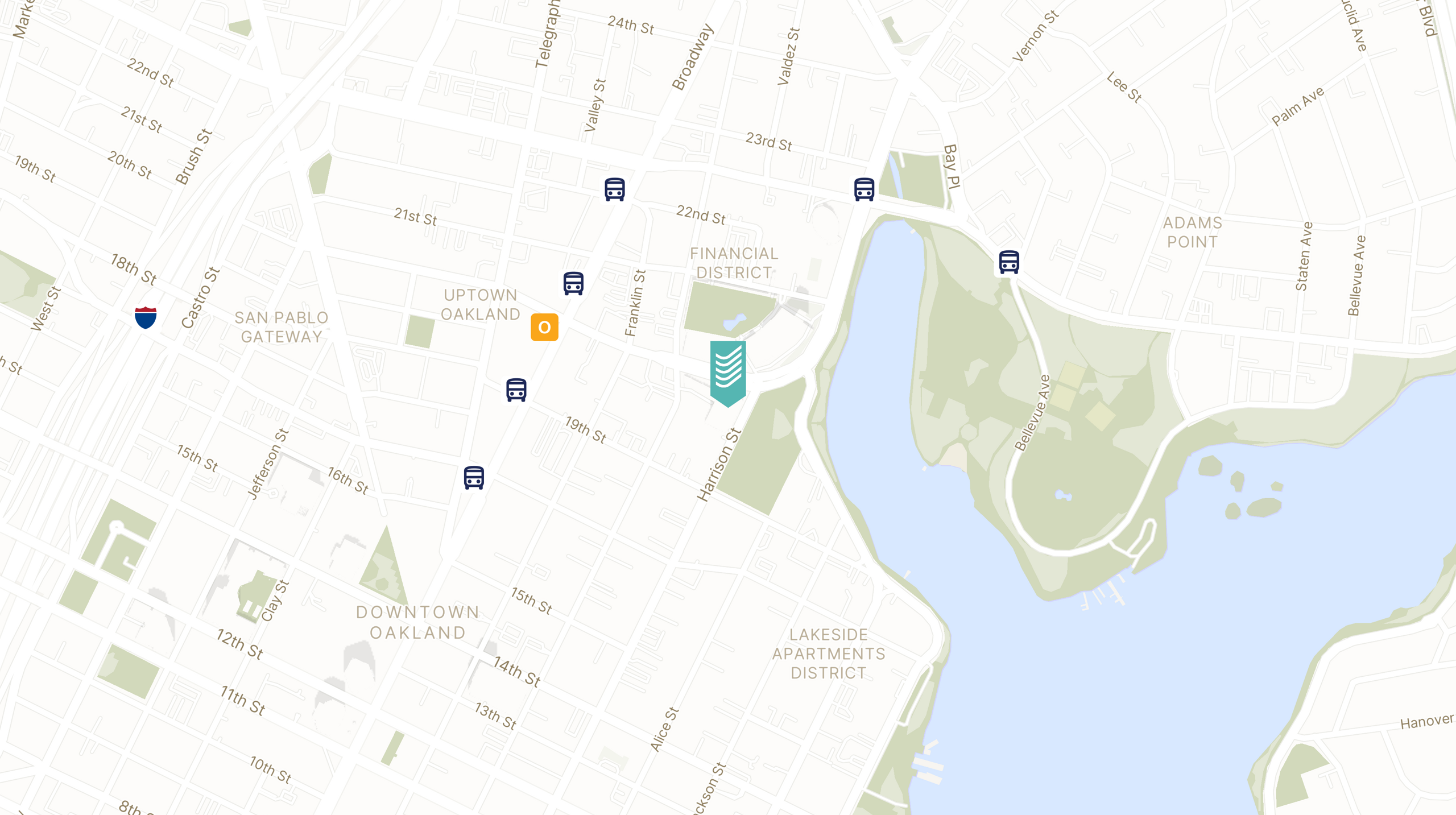Map showing the location of Lake Merritt Plaza with icons for TRANSIT tab