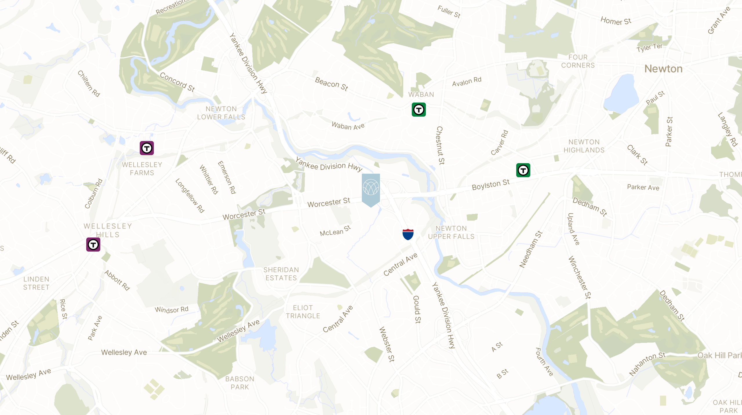 Map showing the location of 96 Worcester St with icons for TRANSIT tab