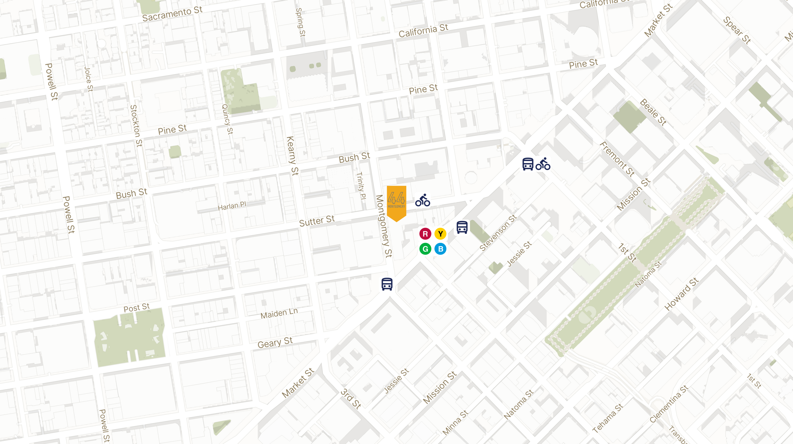 Map showing the location of 44 Montgomery with icons for TRANSIT tab
